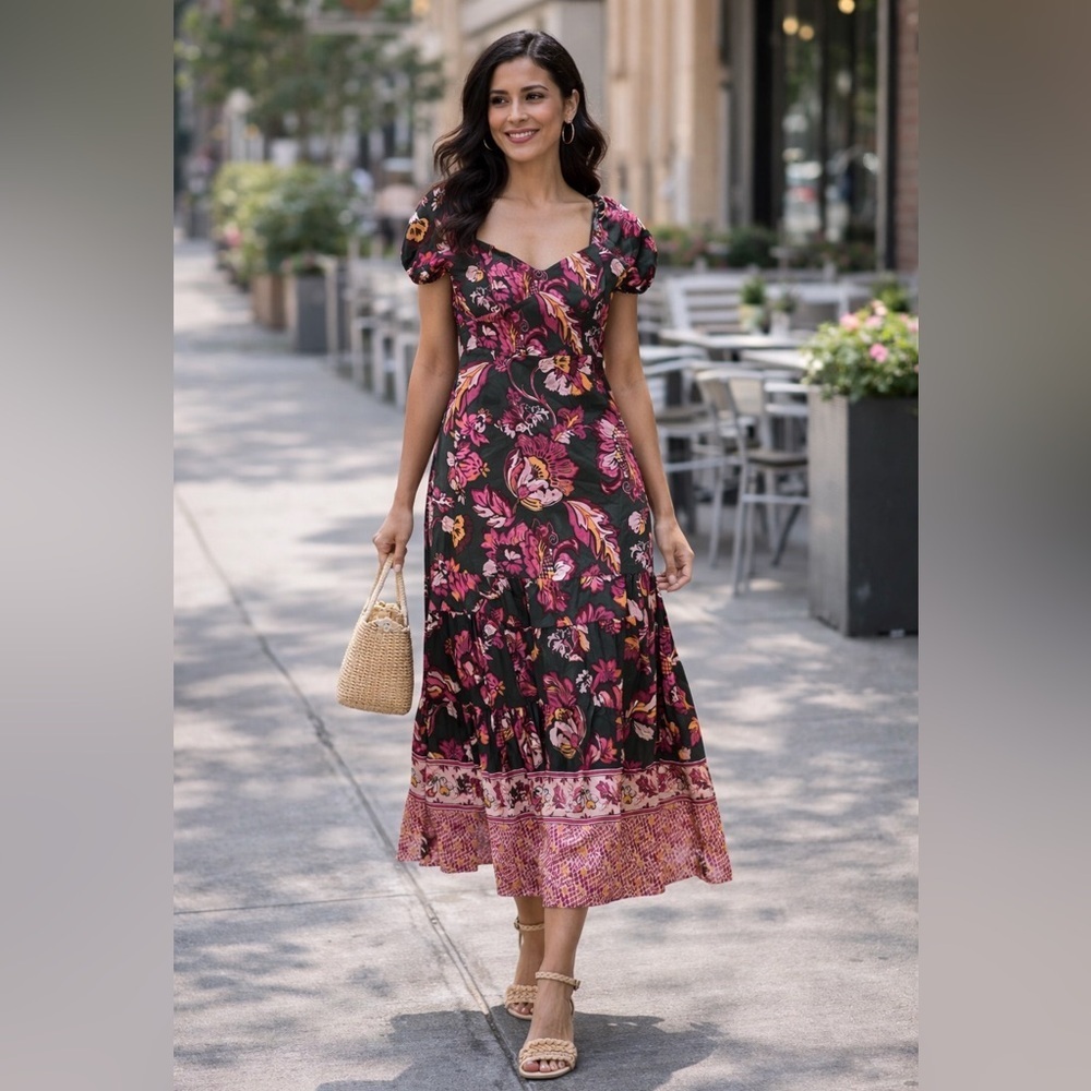 Adrianna Papell Viscose Floral Puff Sleeve Midi Summer Dress olive Green Pink 8